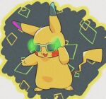  :3 adjusting_eyewear animal_focus arm_up black_background blush_stickers clothed_pokemon club_(shape) commentary_request full_body glasses glowing green-framed_eyewear hand_up happy looking_afar no_humans open_mouth outstretched_arm partial_commentary pikachu pince-nez pokemon pokemon_(creature) rento smile solo standing sunglasses 