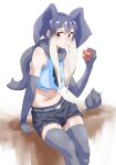  1girl :i african_elephant_(kemono_friends) apple bare_shoulders belt black_shorts blue_shirt brown_eyes commentary eating elbow_gloves elephant_ears elephant_tail food fruit gloves gradient_hair grey_hair grey_legwear grey_scarf highres kemono_friends looking_at_viewer midriff multicolored_hair navel scarf shirt short_hair_with_long_locks short_shorts shorts simple_background sleeveless sleeveless_shirt solo tanabe_(fueisei) thighhighs white_background white_hair 