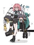  &gt;_&lt; 1boy 3girls animal_ears aqua_jacket armband asaba_harumasa asymmetrical_gloves black_boots black_bow black_bowtie black_gloves black_hair black_necktie black_pants black_pantyhose black_skirt blue_oni blue_skin boots bow bowtie carrying carrying_over_shoulder carrying_person carrying_under_arm collared_shirt colored_skin dress_shirt earrings fingerless_gloves flying_sweatdrops fox_ears fox_girl full_body gauntlets glasses gloves headband high-waist_skirt holding holding_weapon horns hoshimi_miyabi hourglass_earrings jacket jewelry mismatched_gloves multicolored_horns multiple_girls necktie oni pants pantyhose partially_fingerless_gloves pencil_skirt pink_eyes pink_hair pleated_skirt red_eyes shirt single_gauntlet skin-covered_horns skirt soukaku_(zenless_zone_zero) tsukishiro_yanagi umigasa weapon white_background white_hair white_shirt yellow_armband yellow_gloves yellow_headband yugake zenless_zone_zero 