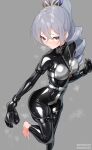  absurdres bodysuit breasts chastity_belt chastity_bra green_eyes grey_background grey_hair highres honkai:_star_rail honkai_(series) impossible_bodysuit impossible_clothes latex latex_bodysuit long_hair looking_at_viewer maguro27 ponytail silver_wolf_(honkai:_star_rail) skin_tight small_breasts standing standing_on_one_leg very_long_hair 