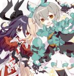  2girls arcaea asymmetrical_legwear ayu_(arcaea) black_bow black_bowtie black_dress black_eyes black_hair blonde_hair bow bowtie breasts dress fang finger_to_cheek flower green_bow green_bowtie grey_hair hair_between_eyes heterochromia highres long_hair maya_(arcaea) medium_breasts multicolored_bow multicolored_hair multiple_girls red_eyes red_ribbon ribbon shirt short_hair sidelocks sketch skirt sleeve_cuffs two-tone_hair upper_body very_long_hair white_background white_bow white_flower white_petals white_shirt white_skirt white_sleeves wusem0108 yellow_eyes 