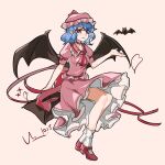  1girl ascot back_bow bat_(animal) bat_wings black_wings blue_hair bow collar frilled_collar frills hat highres knees light_blush lips medium_hair mob_cap pillow pink_hat pink_shirt pink_skirt pointy_ears red_ascot red_ribbon red_shoes remilia_scarlet ribbon shirt shoes short_sleeves skirt smile socks solo touhou uuz_samaa white_socks wings yellow_background 