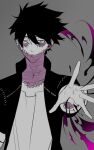  1boy black_hair black_jacket boku_no_hero_academia burn_scar collarbone collared_jacket dabi_(boku_no_hero_academia) ear_piercing fire floating_hair grey_background hair_between_eyes jacket long_sleeves looking_at_viewer male_focus messy_hair open_clothes open_jacket outstretched_arm parted_lips piercing purple_theme scar scar_on_arm scar_on_chest scar_on_face scar_on_neck shirt short_hair simple_background sino42 sleeves_rolled_up smirk solo stitched_chest stitched_face stitches white_shirt 