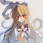  1girl arcaea black_bow black_bowtie black_eyes black_hair blonde_hair bow bowtie breasts flower hair_between_eyes heterochromia highres long_hair maya_(arcaea) medium_breasts multicolored_bow multicolored_hair red_eyes red_ribbon ribbon said3037620671 shirt sidelocks sleeve_cuffs solo two-tone_hair upper_body very_long_hair white_background white_bow white_flower white_petals white_shirt white_sleeves 