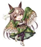  1girl :d animal_ears arm_up bangs black_legwear boots breasts brown_eyes brown_hair center_frills chibi eyebrows_visible_through_hair frills full_body green_jacket green_skirt hair_between_eyes hand_up horse_ears horse_girl horse_tail jacket kuena large_breasts long_hair long_sleeves looking_at_viewer multicolored_hair pleated_skirt satono_diamond_(umamusume) shirt simple_background skirt sleeves_past_fingers sleeves_past_wrists smile solo standing standing_on_one_leg tail thighhighs thighhighs_under_boots two-tone_hair umamusume very_long_hair white_background white_footwear white_hair white_shirt wide_sleeves 