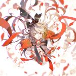 1girl :o arcaea black_bow black_bowtie black_eyes black_hair blonde_hair bow bowtie breasts floating_hair flower gloved_sleeves hair_between_eyes heterochromia lobelia_(saclia) long_hair looking_at_viewer maya_(arcaea) medium_breasts multicolored_bow multicolored_hair portrait red_eyes red_ribbon ribbon shirt sidelocks sleeve_cuffs solo two-tone_hair upper_body very_long_hair white_background white_bow white_flower white_petals white_shirt white_sleeves 