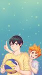  2boys ainudraws ball bangs black_hair blue_eyes frown haikyuu!! highres hinata_shouyou holding holding_ball kageyama_tobio looking_at_viewer male_focus multiple_boys open_mouth orange_eyes orange_hair shirt short_hair simple_background smile star_(symbol) t-shirt 