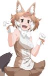  1girl animal_ear_fluff animal_ears bare_arms bare_shoulders brown_eyes brown_hair brown_skirt clenched_hands commentary dhole_(kemono_friends) dog_ears dog_tail extra_ears fur_collar gloves happy highres jumping kemono_friends looking_at_viewer multicolored_hair shirt short_hair simple_background skirt sleeveless sleeveless_shirt solo tail tanabe_(fueisei) two-tone_hair white_background white_gloves white_hair 