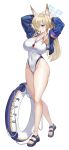  1girl absurdres animal_ear_fluff animal_ears armband arms_behind_head blonde_hair blue_archive blue_eyes blue_halo blue_jacket breasts competition_swimsuit covered_navel dog_ears dog_girl english_commentary extra_ears full_body gzest hair_over_one_eye hair_tie_in_mouth halo highleg highleg_one-piece_swimsuit highres innertube jacket kanna_(blue_archive) kanna_(swimsuit)_(blue_archive) large_breasts long_hair looking_at_viewer mouth_hold notched_ear official_alternate_costume one-piece_swimsuit ponytail poolside purple_armband sandals simple_background solo sports_sunglasses sunglasses swim_ring swimsuit white_background white_one-piece_swimsuit 