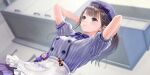 1girl alternate_hairstyle apron arms_up beret blue_eyes blue_reflection_(series) blue_reflection_sun blurry blurry_background bow breasts brown_hair buttons cabinet checkerboard_cookie closed_mouth cookie double-breasted dress expressionless flower food from_below game_cg gem gradient_hair grey_hair hair_up hat hat_bow heart heart-shaped_cookie heart-shaped_food highres indoors kasuga_shiho kishida_mel kitchen medium_breasts multicolored_hair non-web_source official_art patissier pink_flower pink_rose pinstripe_dress pinstripe_pattern ponytail puffy_short_sleeves puffy_sleeves purple_bow purple_dress purple_hat red_brooch red_gemstone rose short_sleeves sidelocks solo tying_hair waist_apron 