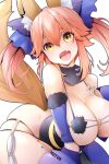 1girl :d animal_ears breasts cleavage cosplay english_commentary eyebrows_visible_through_hair fang fate/grand_order fate_(series) fox_ears fox_tail fur_collar highres hot_vr large_breasts mash_kyrielight mash_kyrielight_(dangerous_beast) mash_kyrielight_(dangerous_beast)_(cosplay) open_mouth red_hair skin_fang skindentation smile solo tail tamamo_(fate) thighhighs yellow_eyes 