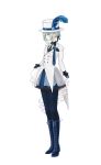  1girl blue_boots blue_feathers blue_gloves blue_pantyhose blue_shirt blue_skirt boater_hat boots collared_shirt feathers full_body gloves grey_eyes grey_hair hair_bun hat hat_feather highres jacket knee_boots lace-up_boots looking_at_viewer miniskirt muffin_vermeer neck_ribbon official_alternate_costume pantyhose profile reverse:1999 ribbon shirt short_hair single_side_bun skirt solo standing vertin_(ipstar)_(reverse:1999) vertin_(reverse:1999) white_background white_hat white_jacket yellow_ribbon 