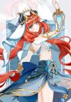  1girl absurdres arm_up black_horns blonde_hair blue_skirt breasts chinese_commentary closed_mouth commentary_request crop_top fake_horns from_side genshin_impact harem_outfit highres horns long_hair long_sleeves low_twintails midriff nilou_(genshin_impact) puffy_long_sleeves puffy_sleeves red_hair ruogong_qingyue skirt small_breasts solo twintails veil white_veil zoom_layer 