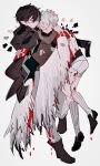  2boys arknights armband bishounen black_hair blood closed_eyes closed_mouth coat faust_(arknights) full_body highres holding holding_person kimven_(wenzisama) male_focus mephisto_(arknights) multiple_boys pointy_ears red_armband socks white_background white_coat white_hair wings 