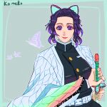  1girl animal_print artist_name belt black_jacket black_pants breasts bug butterfly butterfly_hair_ornament butterfly_print closed_mouth demon_slayer_uniform eyeshadow gold_buttons grey_background hair_ornament haori highres holding holding_sword holding_weapon jacket japanese_clothes kimetsu_no_yaiba kochou_shinobu light_smile makeup medium_breasts medium_hair pants parted_bangs pink_eyeshadow print_haori purple_butterfly purple_eyes purple_hair sidelocks solo strikek-lvvjm27 sword weapon white_belt 