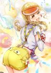  1girl :d absurdres ass balloon blonde_hair blush braid commentary_request confetti cowboy_shot cropped_shirt detached_sleeves fang from_behind frontrivers_kae fujita_kotone gakuen_idolmaster highres idolmaster long_hair long_sleeves looking_at_viewer looking_back low_twin_braids midriff open_mouth orange_eyes shirt short_shorts shorts sidelocks skin_fang smile solo streamers suspender_shorts suspenders twin_braids velcro visor_cap watermark white_shirt yellow_big_bang!_(idolmaster) yellow_shorts 