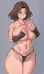  absurdres bare_shoulders breasts brown_hair closed_mouth collarbone covering covering_breasts cowboy_shot elden_ring feet_out_of_frame gloves grey_background hands_on_own_breasts highres kelvin_hiu large_breasts legs_together melina_(elden_ring) navel one_eye_closed short_hair simple_background stomach sweat thick_thighs thighs thong wide_hips yellow_eyes 