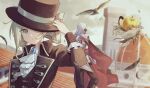  1boy 1girl apple apple_(reverse:1999) ascot assassin&#039;s_creed_(series) assassin&#039;s_creed_ii bird black_coat black_hat black_pants blue_bow boater_hat bow cape closed_mouth coat collared_shirt crossover eagle ezio_auditore_da_firenze falling_feathers feathers feet_out_of_frame florence_(city) florence_cathedral food fruit golden_apple grey_eyes grey_hair grey_sky hair_bun hand_on_headwear hand_up hat hat_bow hat_over_one_eye hood hood_up italian_text looking_at_viewer monocle one_eye_covered outdoors pants red_cape reverse:1999 rooftop shirase_(shirose) shirt single_side_bun sky standing tile_roof upper_body vertin_(reverse:1999) white_ascot white_shirt 