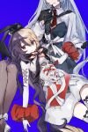  2girls absurdres arcaea black_bow black_bowtie black_eyes black_gloves black_hair black_pantyhose black_skirt blonde_hair bow bowtie breasts collared_shirt dress earrings flower gloved_sleeves gloves hair_between_eyes hand_on_another&#039;s_hand heterochromia highres insight_(arcaea) jewelry long_hair long_sleeves maya_(arcaea) medium_breasts multicolored_bow multicolored_hair multiple_girls necktie pantyhose purple_eyes red_eyes red_necktie red_ribbon ribbon shirt shoes sidelocks single_shoulder_pad sketch skirt sleeve_cuffs thigh_strap two-tone_hair upper_body very_long_hair white_background white_bow white_dress white_flower white_gloves white_hair white_petals white_shirt white_shoes white_sleeves wusem0108 yuri 