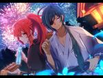  2boys bangs blue_hair blush closed_mouth dark-skinned_male dark_skin diluc_(genshin_impact) earrings eyepatch fireworks food genshin_impact hair_between_eyes holding jacket japanese_clothes jewelry kaeya_(genshin_impact) long_hair long_sleeves male_focus multiple_boys ponytail red_eyes red_hair shirt simple_background smile takoyaki tongue yuu_(mboj_fdk) 