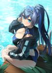  1girl absurdres ass bare_legs black_hair blue_eyes blue_hair blue_one-piece_swimsuit breasts chain chain_hairband chain_headband cleavage cleavage_cutout closed_mouth clothing_cutout hair_intakes high_ponytail highres hololive hololive_english holonatsu_paradise jacket large_breasts long_hair long_sleeves looking_at_viewer multicolored_hair official_alternate_costume official_alternate_hairstyle one-piece_swimsuit ouro_kronii ouro_kronii_(holonatsu_paradise) outdoors ponytail sitting smile solo swimsuit virtual_youtuber walking_nakta water 