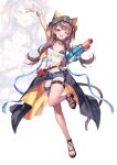  1girl absurdres alternate_costume animal_ears arknights arm_up bare_legs bikini black_bikini black_choker black_hood blue_eyes blue_shorts breasts brown_hair choker crop_top denim denim_shorts fake_animal_ears full_body highres holding holding_water_gun hood hooded_jacket jacket leg_up long_hair looking_at_viewer medium_breasts micro_shorts midriff navel one_eye_closed open_fly open_mouth pepe_(arknights) sandals shirt shorts side-tie_shirt simple_background skindentation sleeveless sleeveless_jacket smile solo string_bikini swimsuit thigh_strap ugwa waist_cape water_gun white_background white_shirt zoom_layer 