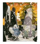  1girl 1other 4boys absurdres aged_down animal_ears baby black_coat black_sclera blackmaro1 blue_jacket blue_scarf border carrying carrying_baby carrying_person chara_(undertale) child christmas_tree closed_eyes coat colored_sclera colored_skin covered_mouth earmuffs full_body fur-trimmed_jacket fur_trim furry furry_female furry_male goat_ears green_coat grey_coat hat highres holding_hands jacket mother_and_child multiple_boys open_mouth outdoors papyrus_(undertale) sans_(undertale) scarf smile snowing toriel undertale w.d._gaster walking white_border white_scarf white_skin winter_clothes winter_coat yellow_hat yellow_scarf 