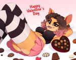  alyssa_bandicoot_(oc) anthro bandicoot bottomwear butt candy chocolate clothing dessert female food hair holidays leggings legwear lips magaska19 mammal marsupial pink_hair skirt solo suggestive valentine&#039;s_day 