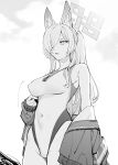  1girl animal_ear_fluff animal_ears blue_archive breasts clothes_down competition_swimsuit dog_ears greyscale hagyouayumu hair_over_one_eye halo highleg highleg_one-piece_swimsuit highres jacket kanna_(blue_archive) kanna_(swimsuit)_(blue_archive) large_breasts monochrome official_alternate_costume one-piece_swimsuit ponytail solo swimsuit whistle whistle_around_neck 