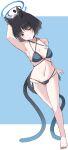  1girl absurdres animal_ear_fluff animal_ears arm_behind_back arm_behind_head arm_up armpits bare_legs bare_shoulders barefoot bikini black_choker black_hair black_nails blue_archive blue_background blue_bikini blue_halo blush breasts bright_pupils brown_eyes cat_ears cat_girl cat_tail choker cleavage clip_studio_paint_(medium) collarbone commentary_request criss-cross_halter curvy dutch_angle eyelashes eyeshadow feet flower flower_bikini full_body gradient_tail groin hair_between_eyes halo halterneck highres kikyou_(blue_archive) kikyou_(swimsuit)_(blue_archive) large_breasts looking_at_viewer makeup making-of_available multi-strapped_bikini_bottom multiple_tails nail_polish navel official_alternate_costume open_mouth red_eyeshadow short_hair side-tie_bikini_bottom simple_background skindentation slit_pupils solo standing stomach straight_hair swimsuit tail thighs toenail_polish toenails toes tsurime tsyn two_tails underboob white_flower white_pupils 
