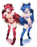  2girls :d absurdres animal_hands bangs blue_eyes blue_footwear blue_gloves blue_hair boots breasts claws commentary elbow_gloves eyebrows_visible_through_hair fang full_body gloves hair_between_eyes hand_on_hip hand_up highres jewelry kemono_friends looking_at_viewer medium_breasts multiple_girls navel necklace open_mouth paw_gloves paw_shoes red_footwear red_gloves red_hair shiisaa_lefty shiisaa_right short_hair simple_background smile tanabe_(fueisei) thigh_boots thighhighs white_background 