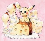  animal_focus cheese cheese_trail cheesecake colored_pencil_(medium) cracker food food_focus full_body green_eyes heterochromia napkin no_humans non_(kumakawayusu) open_mouth painting_(medium) pikachu pink_background pokemon pokemon_(creature) simple_background sitting swiss_cheese traditional_media watercolor_(medium) 