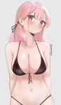  1girl bare_arms bikini black_bikini black_ribbon blush breasts cleavage collarbone commentary english_commentary grey_background hair_ribbon large_breasts long_hair looking_at_viewer navel original pink_eyes pink_hair ribbon simple_background skeptycally solo string_bikini swimsuit twitter_username 