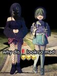  2girls ^_^ black_hair black_jacket black_shirt blonde_hair blush closed_eyes cosmetics cropped_shirt eyes_in_shadow fishnet_pantyhose fishnets full_body glaring green_hair hands_in_pockets idolmaster idolmaster_shiny_colors inuhadaka jacket lipstick_tube looking_at_viewer meme midriff multiple_girls navel off-shoulder_shirt off_shoulder outdoors pantyhose photo_background shirt smile thighhighs v w white_thighhighs why_dis_ninja_look_so_mad_(meme) 