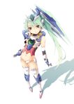  00_qan[t] 1girl armor bangs breasts commentary green_eyes green_hair gundam gundam_00 gundam_00_a_wakening_of_the_trailblazer hair_ornament long_hair looking_at_viewer mecha_musume midriff navel shadow shield side_ponytail small_breasts solo standing takano_(scds2238) v-fin very_long_hair white_background 