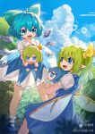  2girls :d absurdres ahoge blue_bow blue_dress blue_eyes blue_hair blue_shoes blue_sky bow character_doll cirno cloud cloudy_sky collared_shirt cumulonimbus_cloud daiyousei day detached_wings doll dress fairy_wings fang forest frilled_dress frilled_skirt frills fumo_(doll) green_hair hair_between_eyes hair_bow hair_ribbon highres hugging_object hxj_(2324184595) ice ice_wings looking_at_another mary_janes multiple_girls nature one_side_up open_mouth outdoors pinafore_dress pointy_ears puffy_short_sleeves puffy_sleeves ribbon shirt shoes short_sleeves skirt sky sleeveless sleeveless_dress smile socks stuffed_toy touhou white_shirt white_socks wings yellow_ribbon 