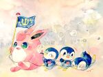  &gt;_&lt; blowing_bubbles blue_flag bubble flag green_eyes holding holding_flag no_humans non_(kumakawayusu) open_mouth painting_(medium) piplup pokemon pokemon_(creature) tears traditional_media tripping walking watercolor_(medium) wigglytuff 