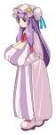  1girl :/ arms_under_breasts bangs blunt_bangs breasts capelet cleavage crescent crescent_hat_ornament eyebrows_behind_hair from_side full_body hat hat_ornament hiro_(h-net) huge_breasts long_hair looking_at_another mob_cap patchouli_knowledge purple_capelet purple_eyes purple_hair sagging_breasts sideways_glance simple_background solo standing striped touhou vertical_stripes very_long_hair white_background 