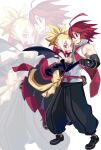  1boy 1girl adell_(disgaea) black_dress black_pants black_shoes blush breasts cleavage couple demon_boy demon_girl demon_wings disgaea dress dress_shirt highres holding_hands makai_senki_disgaea_2 necktie pants red_eyes red_hair red_necktie rozalin scar shirt shoes spiked_hair sweatdrop touya_(adgjmpjpag) white_background white_shirt wings zoom_layer 