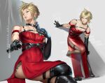  1boy ada_wong ada_wong_(cosplay) aiming aiming_at_viewer animal_collar bare_shoulders black_boots black_choker black_gloves blonde_hair boots chest_harness choker cloud_strife collar cosplay crossdressing crossdressing_(mtf) crossed_legs dress earrings elbow_gloves final_fantasy final_fantasy_vii gloves grey_background gun hand_on_own_chest handgun harness highres holding holding_gun holding_weapon jeriafterdark jewelry leaning_forward long_dress male_focus multiple_views shoes short_hair side_slit single_earring solo spiked_hair swept_bangs thigh_strap twitter_username unworn_shoes weapon 