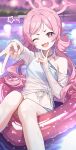  +_+ 1girl ;d absurdres bikini blue_archive blue_bikini blush collarbone commentary_request fang feet_out_of_frame hair_ornament hairclip halo halterneck highres innertube koyuki_(blue_archive) long_hair long_sleeves looking_at_viewer momomoi_momoi navel one_eye_closed open_mouth outstretched_arm parallel_hairclips pink_hair pink_halo see-through_clothes see-through_shirt shirt sitting skin_fang smile solo swim_ring swimsuit v white_shirt 