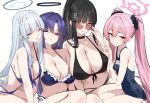  4girls bikini black_bikini black_choker black_hair black_one-piece_swimsuit blue_archive blue_bikini blue_eyes blue_hair blush breasts bright_pupils choker cleavage closed_eyes front-tie_bikini_top front-tie_top hair_ornament hairclip halo highres koyuki_(blue_archive) large_breasts long_hair multiple_girls noa_(blue_archive) one-piece_swimsuit one_eye_closed parted_lips pink_hair pink_halo ponytail red-tinted_eyewear red_eyes rio_(blue_archive) shigure_s sidelocks simple_background small_breasts smile sunglasses swimsuit tinted_eyewear twintails white_background white_hair white_pupils yuuka_(blue_archive) 