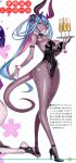  2girls :3 alcohol arm_strap armpit_crease bare_arms bare_shoulders black_bow black_bowtie black_horns black_leotard black_ribbon black_scrunchie black_shoes blue_hair blue_nails bow bowtie breasts bright_pupils bunny_day center-flap_bangs champagne champagne_flute character_name cherry_blossom_background cherry_blossom_print closed_mouth colored_inner_hair commentary_request cropped crossed_legs cup curled_horns curvy dark-skinned_female dark_skin detached_collar drinking_glass falling_petals fate/grand_order fate_(series) fingernails floral_background floral_print full_body grid_background hair_ornament hair_rings hair_scrunchie hand_up highleg highleg_leotard highres holding holding_tray honjou_raita horns ibuki_douji_(fate) ibuki_douji_(swimsuit_berserker)_(fate) large_breasts legs leotard long_fingernails long_hair looking_at_viewer multicolored_hair multiple_girls multiple_horns nail_polish narrow_waist out_of_frame page_number pantyhose patterned_background petals pink_hair pink_horns pink_petals pink_streaks playboy_bunny pointy_ears pointy_shoes ponytail red_eyes ribbon scrunchie shiny_skin shoes short_eyebrows shuten_douji_(fate) slit_pupils smile solo_focus standing strapless strapless_leotard strappy_heels streaked_hair striped_horns tail thighs translation_request tray two-tone_hair very_dark_skin very_long_hair waist_ribbon watson_cross white_pupils white_wrist_cuffs wide_hips wrist_cuffs 