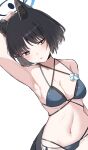  1girl animal_ear_fluff animal_ears arm_behind_back arm_behind_head arm_up armpits bare_shoulders bikini black_choker black_hair blue_archive blue_bikini blue_halo blush breasts bright_pupils brown_eyes cat_ears cat_girl cat_tail choker cleavage clip_studio_paint_(medium) collarbone commentary_request cowboy_shot criss-cross_halter curvy dutch_angle eyelashes eyeshadow flower flower_bikini groin hair_between_eyes halo halterneck highres kikyou_(blue_archive) kikyou_(swimsuit)_(blue_archive) large_breasts looking_at_viewer makeup making-of_available multi-strapped_bikini_bottom multiple_tails navel official_alternate_costume open_mouth red_eyeshadow short_hair side-tie_bikini_bottom simple_background skindentation slit_pupils solo standing stomach straight_hair swimsuit tail tsurime tsyn two_tails underboob white_background white_flower white_pupils 