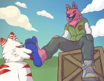 5_toes absurd_res andy_fangerson animate_inanimate blue_eyes blue_nose blue_sclera blue_sky blue_soles blue_tongue bottomwear box canid canine cel_shading claws clothing cloud container crate denim denim_bottomwear denim_clothing duo epic_games feet foot_fetish foot_focus foot_lick foot_play footwear fortnite fur hi_res hindpaw jacket jeans kiwifizz laces letterman_jacket licking light living_pinata looking_down looking_down_at_partner male male/male mammal open_mouth pants paws pinata pink_body pink_fur red_eyes red_nose red_sclera red_stripes red_tongue shaded shoelaces shoes sitting_on_crate sky smile soles striped_body striped_fur stripes sunlight toes tongue tongue_out topwear white_body white_fur yellow_claws