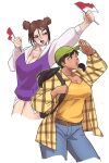  2girls backpack bag black_hair blush breasts brown_hair character_request copyright_request dark_skin denim ernez_(jerukperaz) flag green_hat hat holding holding_flag indonesian_commentary indonesian_flag jacket jeans large_breasts multiple_girls pale_skin pants shirt tagme twintails yellow_shirt 