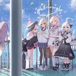  5girls album_cover angel_wings assault_rifle azusa_(blue_archive) bag beret black_bow black_dress black_pantyhose black_sailor_collar black_socks black_wings blonde_hair blue_archive blue_sailor_collar blue_skirt blue_sky bolt_action bow bullpup cardigan cloud collarbone commentary_request cover cup day disposable_cup dress drinking_straw drinking_straw_in_mouth english_text flower footwear_bow frilled_socks frills grenade_launcher grey_wings gun h&amp;k_ag36 hair_flower hair_ornament hair_ribbon halo hanako_(blue_archive) hat head_wings hifumi_(blue_archive) highres holding holding_stuffed_toy koharu_(blue_archive) l85 loose_socks low_twintails m4_carbine make-up_work_club_(blue_archive) multiple_girls neckerchief off_shoulder open_mouth outdoors p14_enfield pantyhose pink_bow pink_eyes pink_hair pink_skirt pleated_skirt purple_bow purple_eyes railing ribbon rifle sailor_collar school_bag school_uniform serafuku shoes shuca_ca skirt skullman_(blue_archive) sky smile sneakers sniper_rifle socks standing stuffed_toy twintails two-tone_wings underbarrel_grenade_launcher weapon white_cardigan white_hair white_sailor_collar white_skirt white_socks wing_decorations wings yellow_bow yellow_eyes yellow_neckerchief 