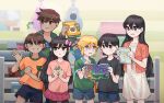  2girls 4boys aged_down alternate_costume aubrey_(faraway)_(omori) aubrey_(omori) basil_(faraway)_(omori) basil_(omori) black_eyes black_hair black_pantyhose black_shirt black_shorts blonde_hair blue_eyes book bookshelf bow bright_pupils brother_and_sister brothers brown_eyes brown_hair captain_spaceboy collarbone collared_shirt double-parted_bangs gashapon gokun green_jacket green_shirt hair_bow hero_(faraway)_(omori) hero_(omori) highres holding holding_book hood hood_down hooded_jacket indoors jacket kel_(faraway)_(omori) kel_(omori) long_hair looking_at_another looking_at_viewer lower_teeth_only mari_(faraway)_(omori) mari_(omori) multiple_boys multiple_girls omori open_mouth orange_shirt pantyhose pink_bow pink_shirt red_skirt shirt shorts siblings skirt striped_clothes striped_shirt sunny_(omori) sweatdrop t-shirt teeth tongue twitter_username upper_teeth_only white_pupils 