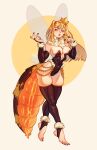  arthropod_girl bee_girl blonde_hair breasts crown dragoumare elbow_gloves feet fingerless_gloves gloves headgear highres insect_wings leotard monster_girl neck_tuft original pinup_(style) simple_background skindentation solo stirrup_legwear thighhighs toeless_legwear toes wide_hips wings 