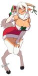  1girl 2018 :q animal_ears animal_legs artist_name blush bow breasts brown_horns cleavage clip_studio_paint_(medium) closed_mouth commentary condom condom_packet_strip condom_wrapper dark-skinned_female dark_skin dress elbow_gloves english_commentary fingerless_gloves full_body fur-trimmed_dress fur_trim gloves goat_ears goat_girl goat_horns goat_tail green_bow hair_between_eyes holding holding_condom hooves horizontal_pupils horn_ornament horns large_breasts leaning_forward lilirulu long_bangs looking_afar mistletoe monster_musume_no_iru_nichijou pointy_ears red_dress red_eyes saane_(monster_musume) satyr short_hair simple_background smile solo strapless strapless_dress striped_clothes striped_gloves tongue tongue_out transparent_background white_gloves white_hair 